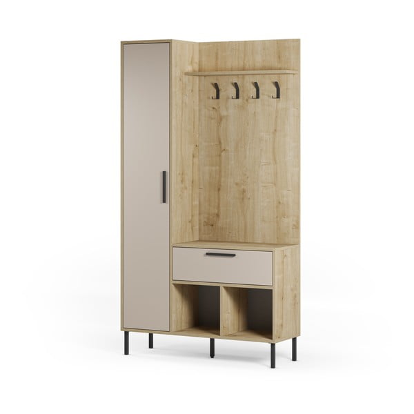 Krémszínű-natúr színű előszoba bútor tölgyfa dekorral 108x195x35 cm Heidy – Marckeric-image-2