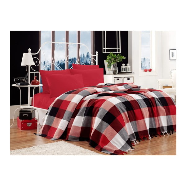 Iskoc Red Black White pamut ágytakaró, lepedő és 2 párnahuzat szett, 200 x 240 cm