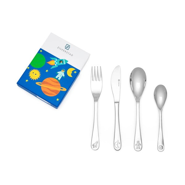 Ezüstszínű rozsdamentes acél gyerek evőeszköz készlet 4 db-os Space – Zilverstad-image-3