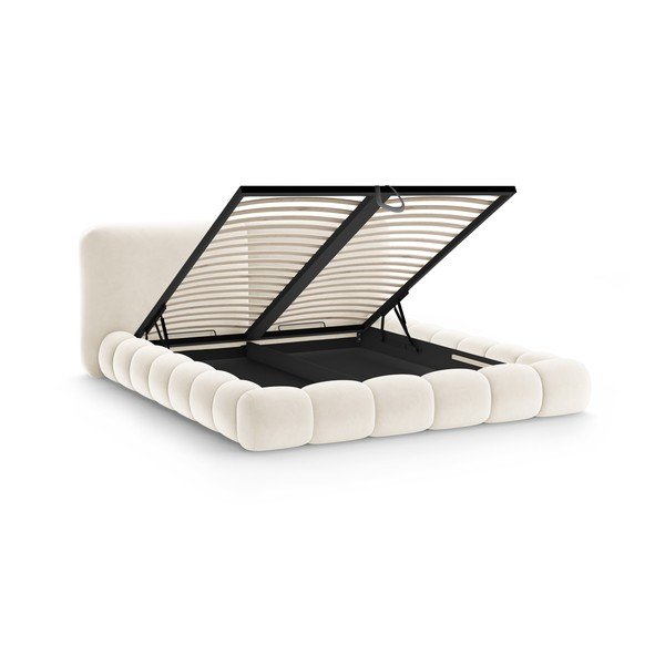 Elefántcsont színű kárpitozott ágyneműtartós franciaágy ágyráccsal 180x200 cm Solange – Micadoni -image-2