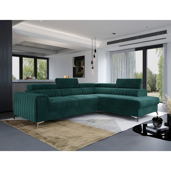 Zöld bársony kinyitható-tárolóhelyes sarokkanapé (jobb oldali-L alakú) Laurence – ELTAP-image-1