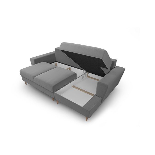 Világosszürke bársony kinyitható tárolóhelyes sarokkanapé (jobb oldali-heverő résszel) Kyoto – Cosmopolitan Design-image-3