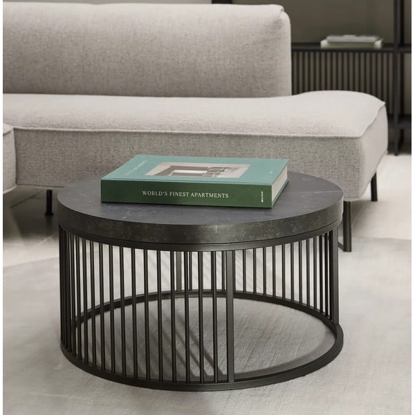 Fekete kerek dohányzóasztal márvány dekoros asztallappal ø 65 cm Strington – Actona-image-1