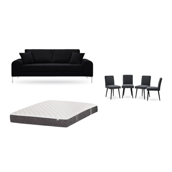 Fekete, háromszemélyes kanapé, 4 db antracit szürke szék, matrac (160 x 200 cm) szett - Home Essentials