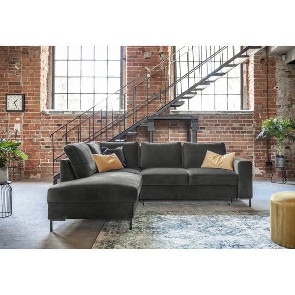 Sötétszürke bársony kinyitható sarokkanapé (bal oldali) Lofty Lilly – Miuform-image-1