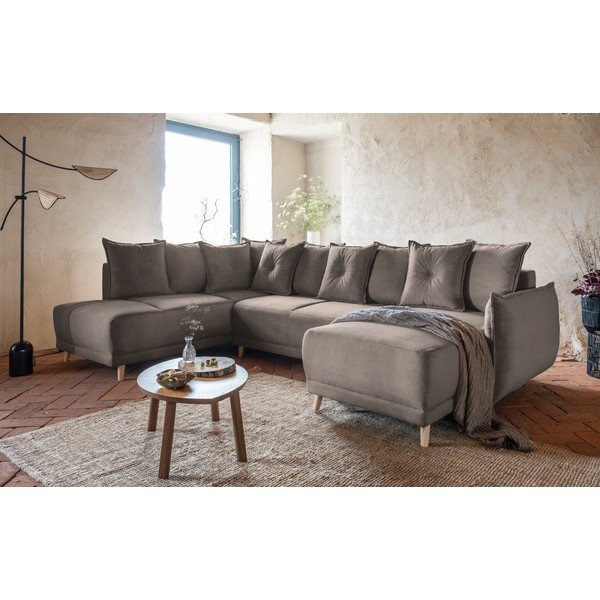 Világosbarna kordbársony kinyitható sarokkanapé (bal oldali-U alakú) Lazy Lukka – Miuform-image-4