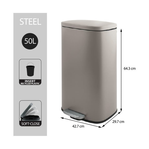 Szürkésbarna acél pedálos szemetes 50 l   Akira – Spirella-image-3