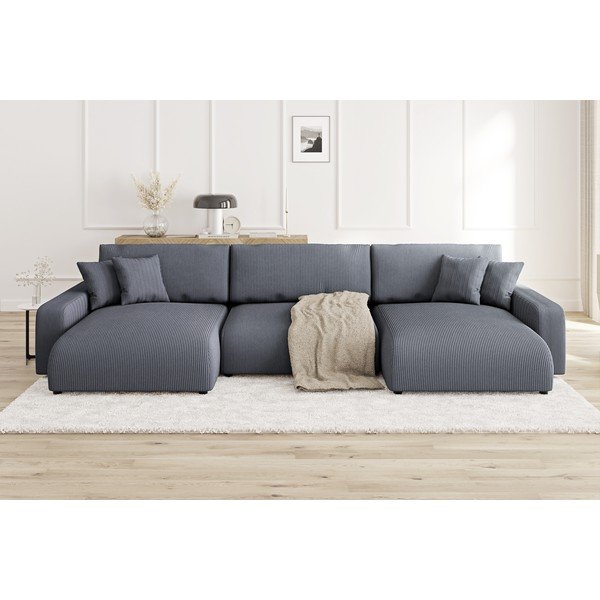 Sötétszürke kordbársony kinyitható tárolóhelyes sarokkanapé Sara – Ropez-image-1