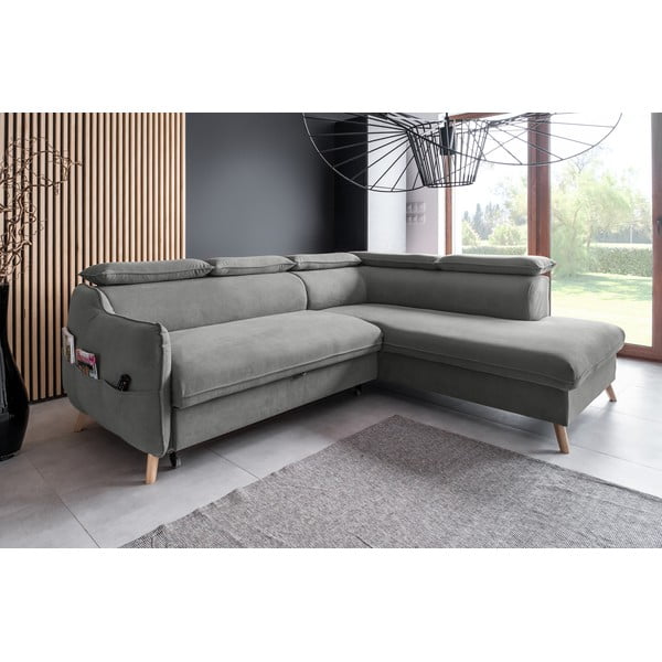 Világosszürke bársony kinyitható sarokkanapé (jobb oldali) Sweet Harmony – Miuform-image-3