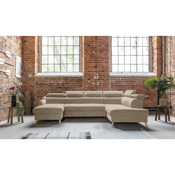 Bézs bársony kinyitható sarokkanapé (jobb oldali-"U" alakú) Sweet Harmony – Miuform-image-1