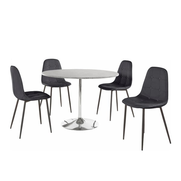 Terri Concrete kerek étkezőasztal és 4 részes fekete szék szett - Støraa