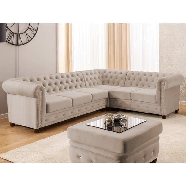 Bézs bársony kinyitható sarokkanapé (jobb oldali-L alakú) York Blik – Ropez-image-1