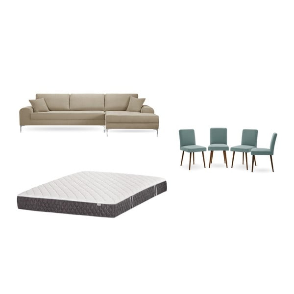 Szürkésbézs jobboldali sarokkanapé, 4 db szürkészöld szék, matrac (160 x 200 cm) - Home Essentials