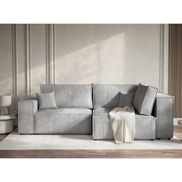 Szürke kordbársony kinyitható-tárolóhelyes sarokkanapé (jobb oldali-L alakú) Tonga – Maison de Rêve-image-1