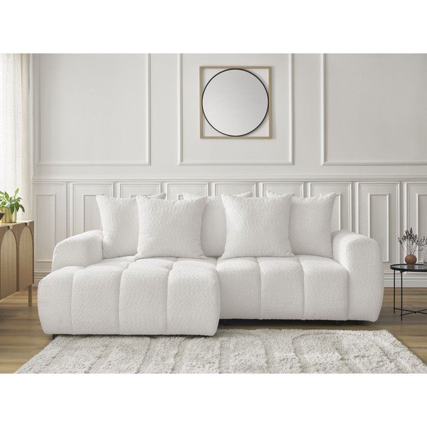 Fehér buklé kinyitható-tárolóhelyes sarokkanapé (bal oldali-heverő résszel) Roxelane – Bobochic Paris-image-1