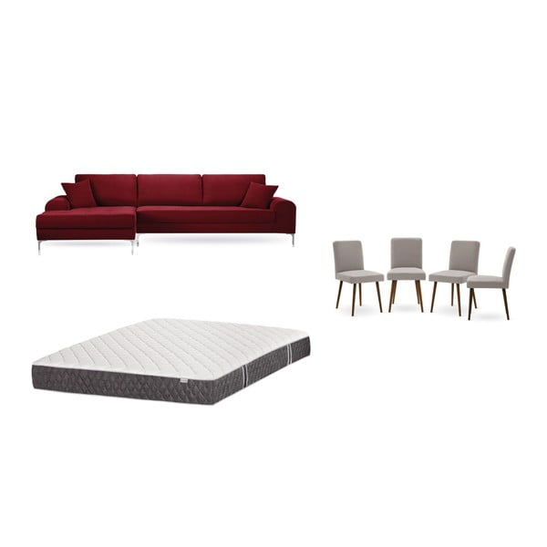 Piros baloldali sarokkanapé, 4 db szürkésbézs szék, matrac (160 x 200 cm) szett - Home Essentials
