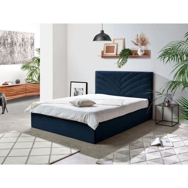 Sötétkék kárpitozott franciaágy tárolóhellyel ágyráccsal 160x200 cm Palmyre – Bobochic Paris-image-1