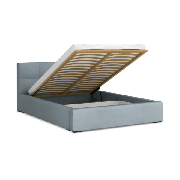 Világoskék bársony kárpitozott ágyneműtartós franciaágy ágyráccsal 140x200 cm Hiko – Makamii-image-1