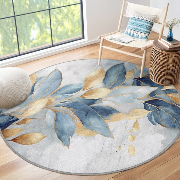 Kék-aranyszínű mosható kerek szőnyeg ø 150 cm Golden Leaves – Mila Home-image-4