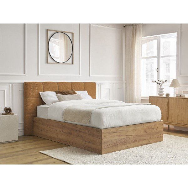 Okkersárga kárpitozott kárpitozott-forgácslemez ágyneműtartós franciaágy ágyráccsal 160x200 cm Kumo – Bobochic Paris-image-3