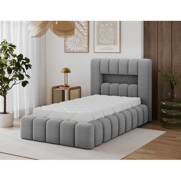 Szürke kárpitozott ágyneműtartós egyszemélyes ágy ágyráccsal 90x200 cm Lamica – ELTAP-image-1