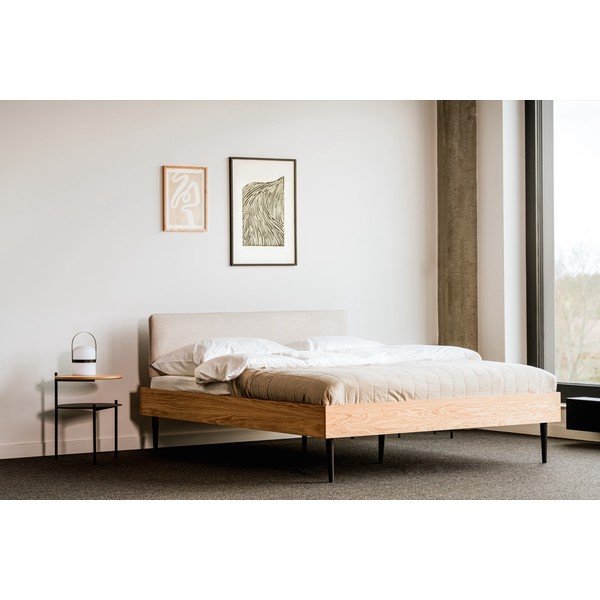 Natúr színű kárpitozott-forgácslemez franciaágy ágyráccsal 200x200 cm tölgyfa dekorral Streiko – noo.ma-image-1