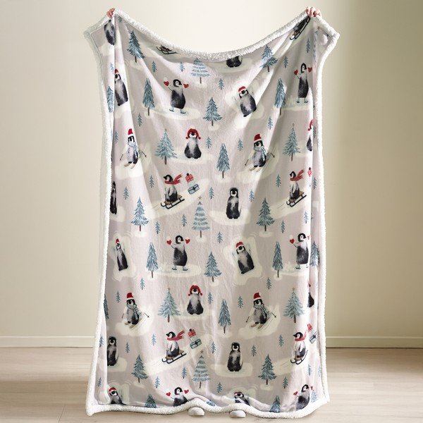 Fehér takaró karácsonyi mintával 170x130 cm Christmas Sherpa Penguins – Catherine Lansfield-image-1