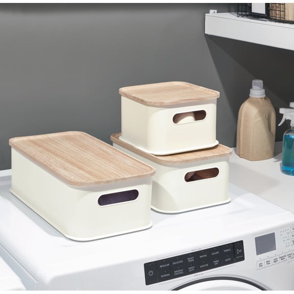 Eco Handled fehér tárolódoboz paulownia fa fedéllel, 21,3 x 43 cm - iDesign-image-1