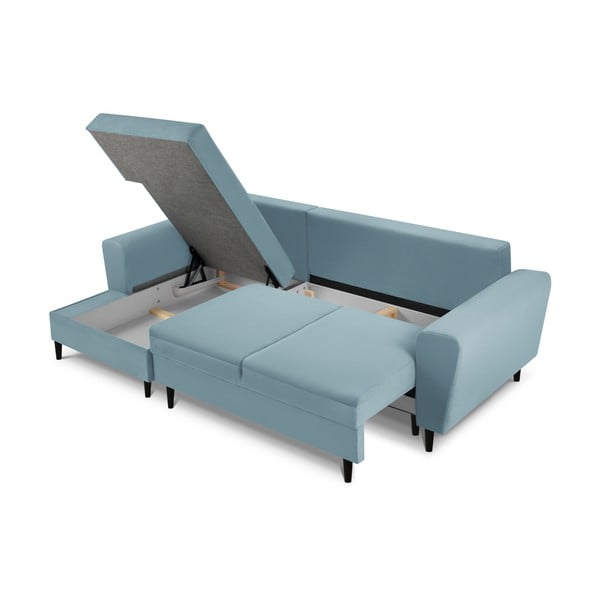 Világoskék kordbársony kinyitható tárolóhelyes sarokkanapé (bal oldali-heverő résszel) Kyoto – Cosmopolitan Design-image-3