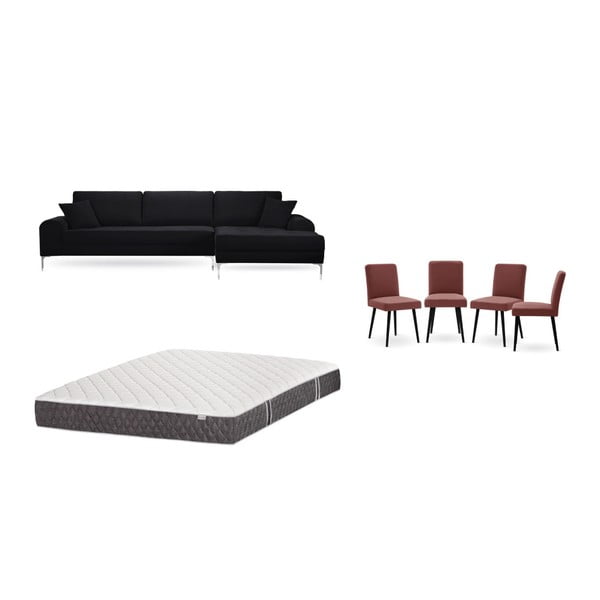 Fekete jobboldali sarokkanapé, 4 db téglapiros szék, matrac (160 x 200 cm) szett - Home Essentials
