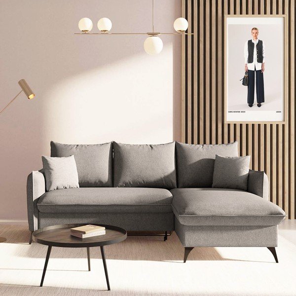 Szürke kinyitható tárolóhelyes sarokkanapé (jobb oldali-heverő résszel) Brim – Rodier-image-1