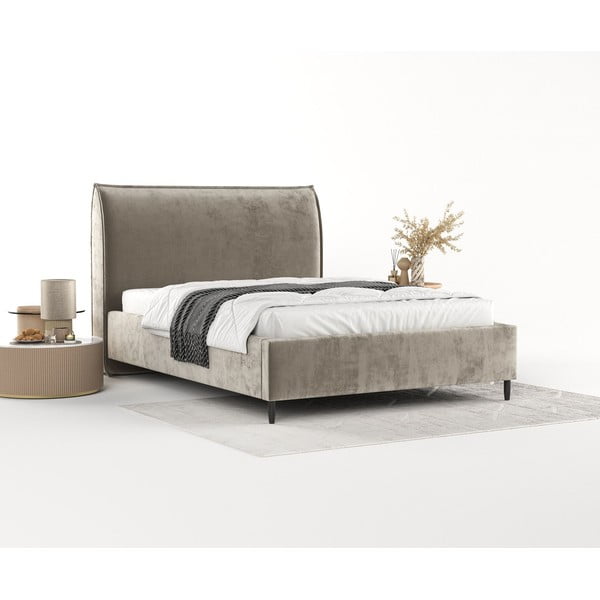 Bézs kárpitozott ágyneműtartós franciaágy ágyráccsal 160x200 cm Shell – Maison de Rêve-image-2