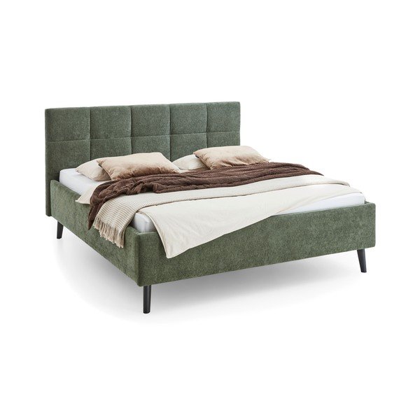 Khaki kárpitozott ágyneműtartós franciaágy ágyráccsal 180x200 cm Nova – Meise Möbel