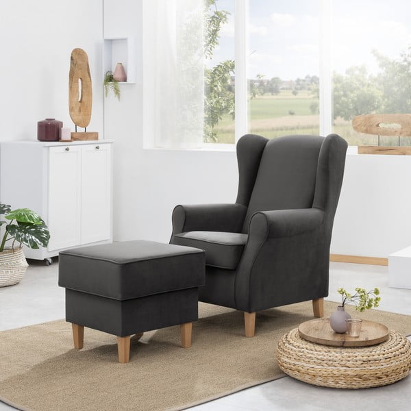 Lorris antracitszürke bársony füles fotel lábtartóval - Max Winzer-image-1