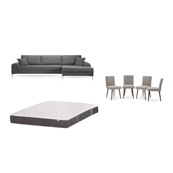 Szürke jobboldali sarokkanapé, 4 db szürkésbézs szék, matrac (160 x 200 cm) szett - Home Essentials