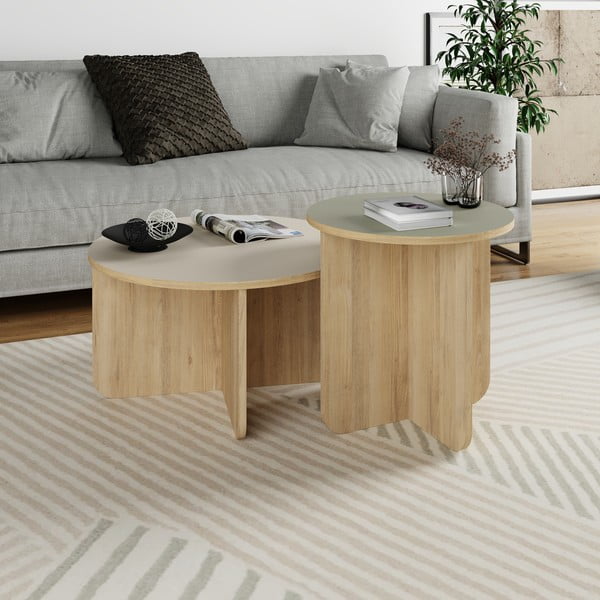 Krémszínű-natúr színű kerek dohányzóasztal szett 2 db-os tölgyfa dekorral ø 70 cm Hillary – Marckeric-image-2