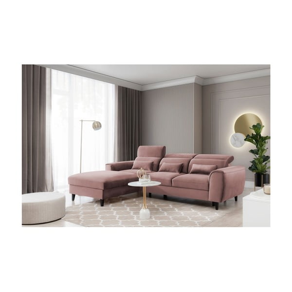 Rózsaszín bársony kinyitható-tárolóhelyes sarokkanapé (bal oldali-heverő résszel) Foble – ELTAP-image-3