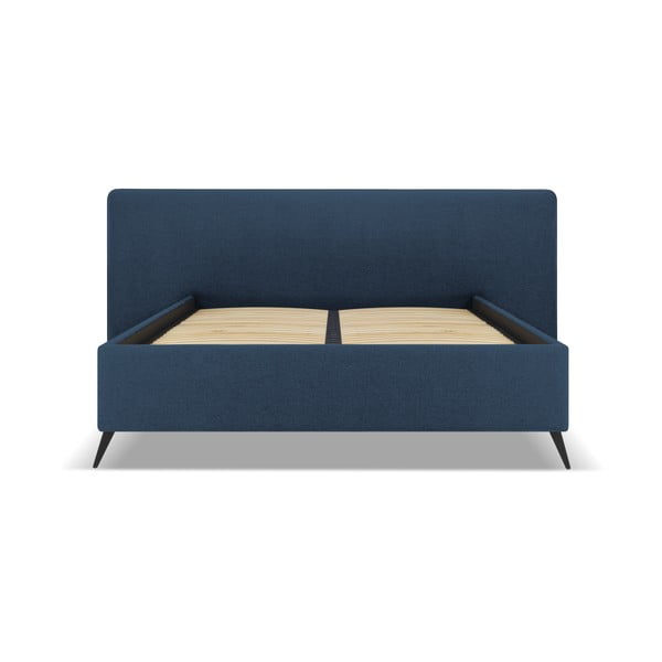 Sötétkék kárpitozott franciaágy tárolóhellyel, ágyráccsal 160x200 cm Walter – Milo Casa-image-1