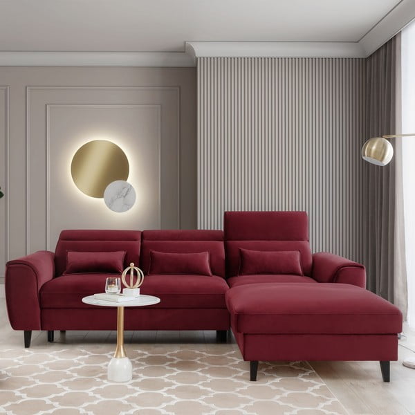 Piros bársony kinyitható-tárolóhelyes sarokkanapé (jobb oldali-heverő résszel) Foble – ELTAP-image-1