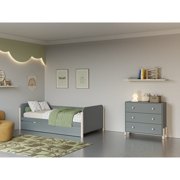 Szürkészöld borovi fenyő gyerekágy kihúzható pótággyal ágyráccsal 90x190 cm Enola – Marckeric-image-1