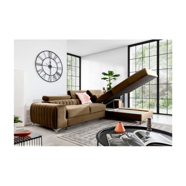 Világosbarna bársony kinyitható-tárolóhelyes sarokkanapé (jobb oldali-heverő résszel) Grayson – ELTAP-image-3