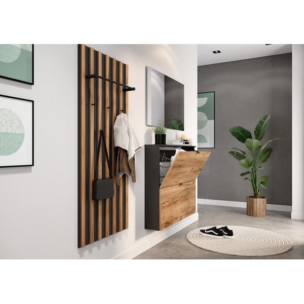 Antracitszürke-natúr színű billenő ajtós függő cipőtartó tölgyfa dekorral 100x85x19 cm Renell – Germania-image-2