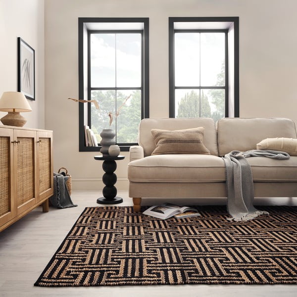 Fekete-natúr színű kézi szövésű jutakeverék szőnyeg 160x230 cm Meander Jute – Flair Rugs-image-2