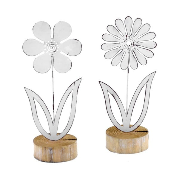 2 darabos kisméretű, virág formájú dekoráció szett fémből, fa talpazattal, 9 x 21,5 cm - Ego Dekor