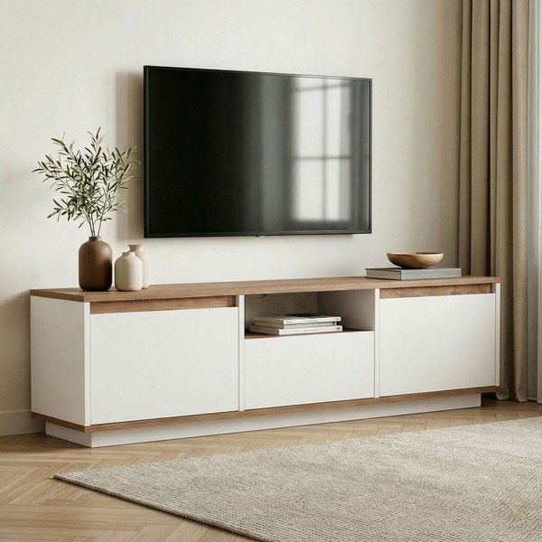 Fehér-natúr színű TV-állvány borovi fenyő dekorral 160x42x30 cm Sentinel – Kalune Design-image-1