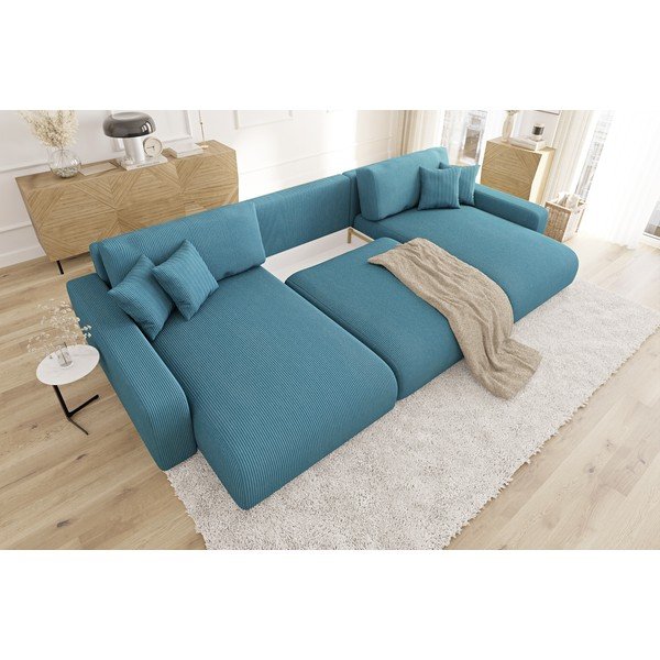 Türkiz kordbársony kinyitható tárolóhelyes sarokkanapé Sara – Ropez-image-4