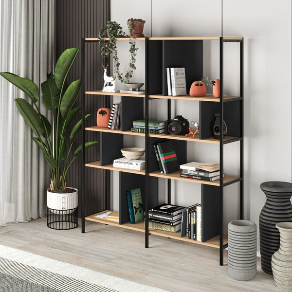 Fekete-natúr színű könyvespolc tölgyfa dekorral 144x175 cm Alabama – Marckeric-image-4