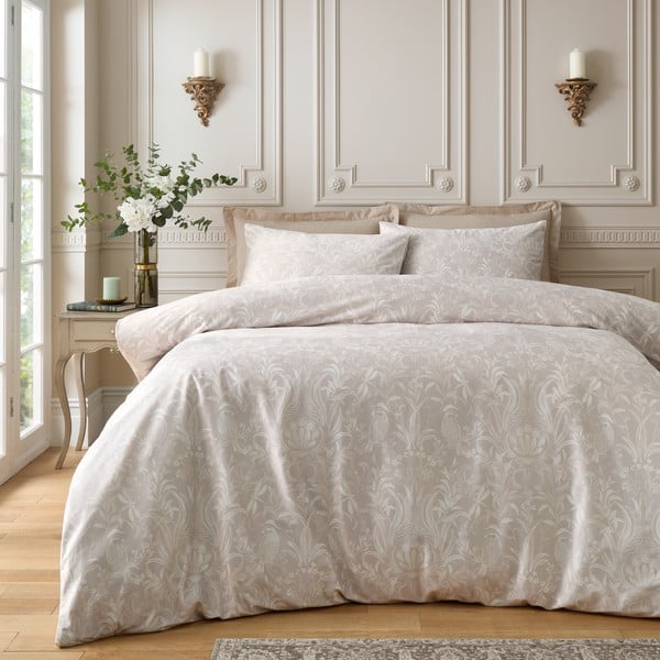 Bézs kétszemélyes bársony ágyneműhuzat 200x200 cm Bridgerton Regal Birds – Catherine Lansfield-image-1