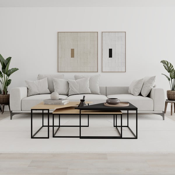 Natúr színű dohányzóasztal szett tölgyfa dekoros asztallappal, 3 db-os 70x110 cm Titan – Marckeric-image-1