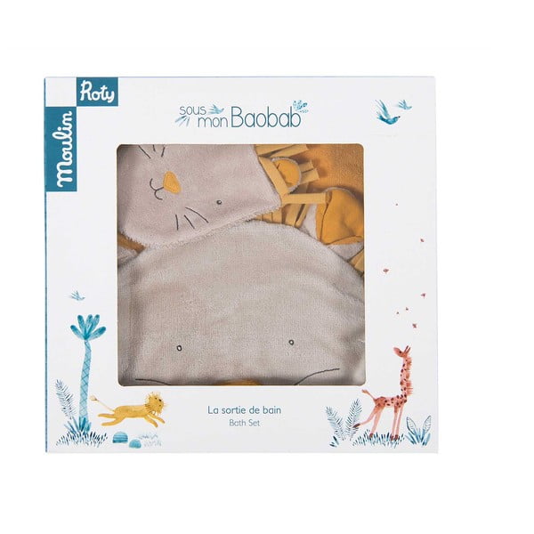 Sárga pamut kapucnis gyerek törölköző mosdókesztyűvel 80x114 cm Sous mon Baobab - Moulin Roty-image-3